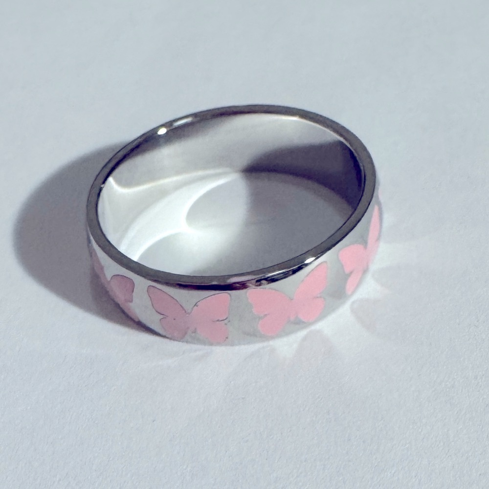 NEW *WILL NOT TARNISH* STAY GOLDEN HAWAII PINK BUTTERFLY ENAMEL RING SILVER SZ 9